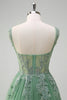 Load image into Gallery viewer, Green A-Line Spaghetti Straps Tulle Long Prom Dress with Appliques