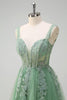 Load image into Gallery viewer, Green A-Line Spaghetti Straps Tulle Long Prom Dress with Appliques