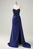 Load image into Gallery viewer, Navy Mermaid Spaghetti Straps Ruched Streamer Long Prom Dress with Appliques