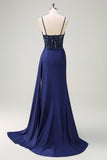 Navy Mermaid Spaghetti Straps Ruched Streamer Long Prom Dress with Appliques