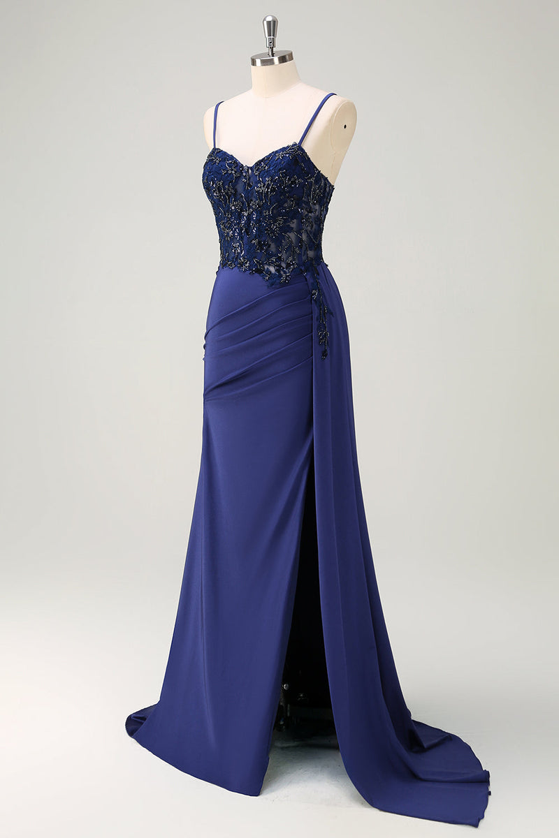 Load image into Gallery viewer, Navy Mermaid Spaghetti Straps Ruched Streamer Long Prom Dress with Appliques