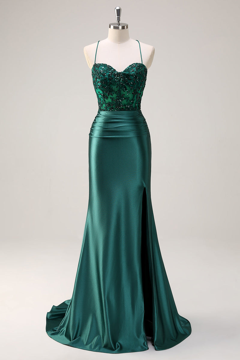 Load image into Gallery viewer, Dark Green Mermaid Halter Corset Long Prom Dress With Slit