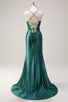 Dark Green Mermaid Halter Corset Long Prom Dress With Slit