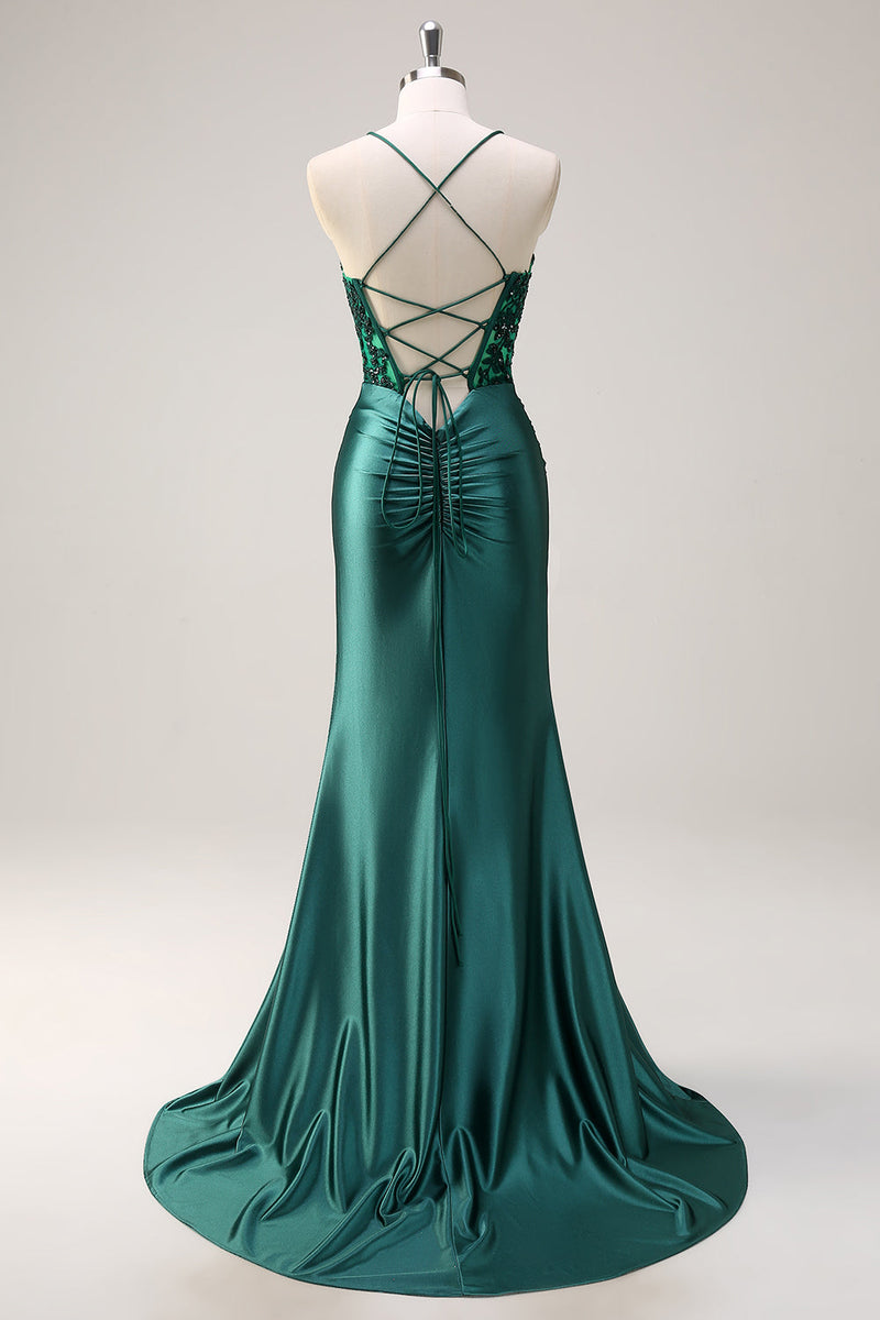 Load image into Gallery viewer, Dark Green Mermaid Halter Corset Long Prom Dress With Slit