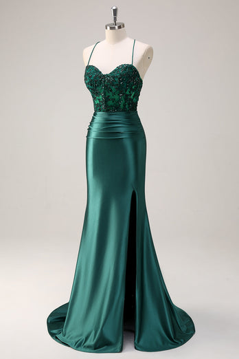 Dark Green Mermaid Halter Corset Long Prom Dress With Slit