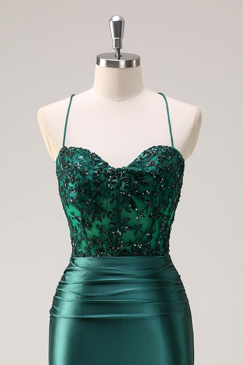 Dark Green Mermaid Halter Corset Long Prom Dress With Slit