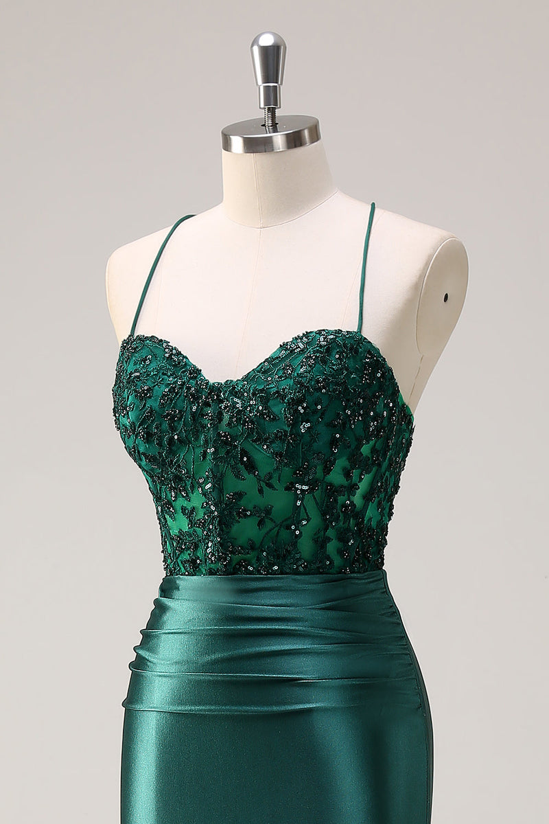 Load image into Gallery viewer, Dark Green Mermaid Halter Corset Long Prom Dress With Slit