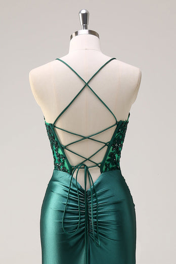 Dark Green Mermaid Halter Corset Long Prom Dress With Slit