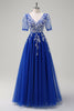 Load image into Gallery viewer, Royal Blue A-Line V Neck Appliques Tulle Long Prom Dress with Short Sleeves