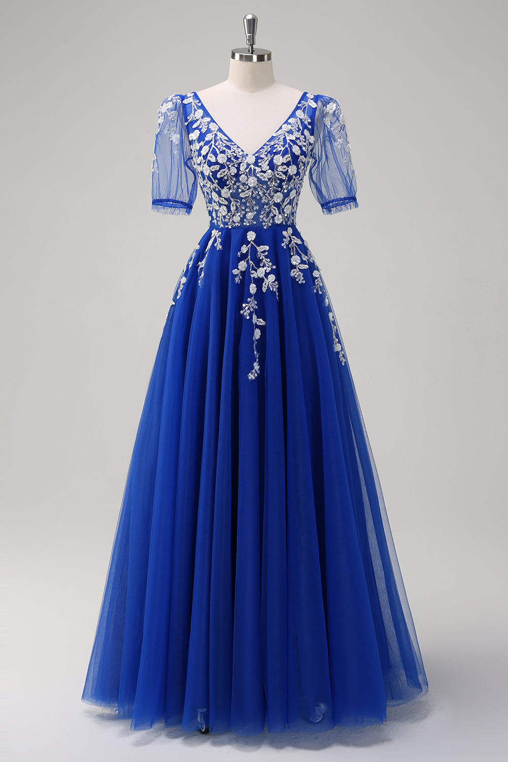 Royal Blue A-Line V Neck Appliques Tulle Long Prom Dress with Short Sleeves