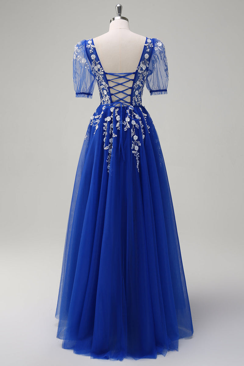 Load image into Gallery viewer, Royal Blue A-Line V Neck Appliques Tulle Long Prom Dress with Short Sleeves