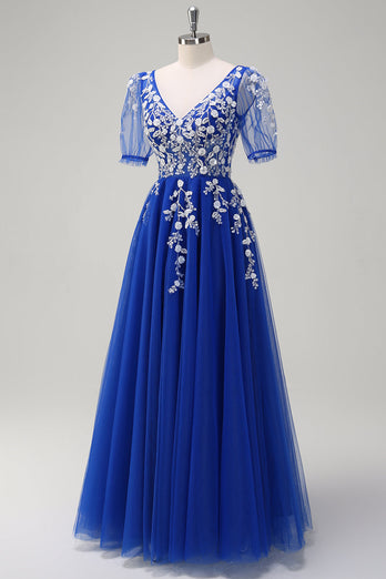 Royal Blue A-Line V Neck Appliques Tulle Long Prom Dress with Short Sleeves