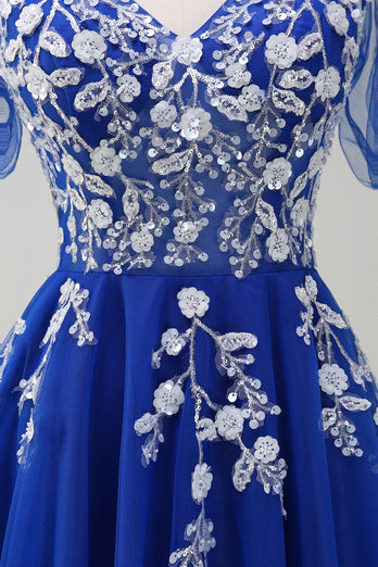 Royal Blue A-Line V Neck Appliques Tulle Long Prom Dress with Short Sleeves