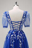 Royal Blue A-Line V Neck Appliques Tulle Long Prom Dress with Short Sleeves