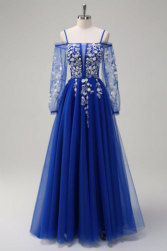 Royal Blue A-Line Cold Shoulder Long Sleeves Long Prom Dress with Appliques