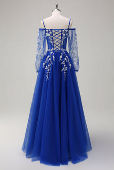 Royal Blue A-Line Cold Shoulder Long Sleeves Long Prom Dress with Appliques