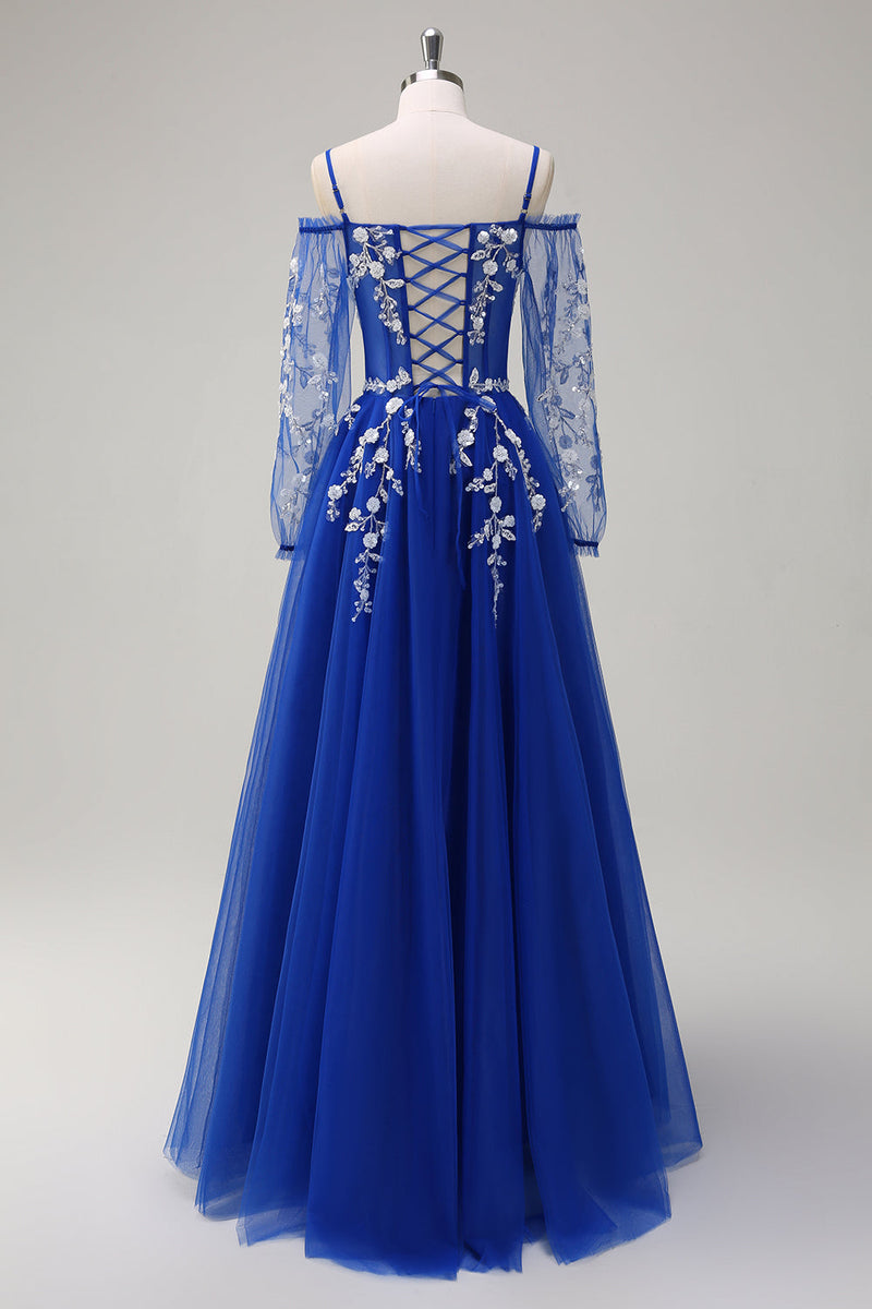 Load image into Gallery viewer, Royal Blue A-Line Cold Shoulder Long Sleeves Long Prom Dress with Appliques