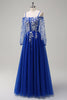 Load image into Gallery viewer, Royal Blue A-Line Cold Shoulder Long Sleeves Long Prom Dress with Appliques