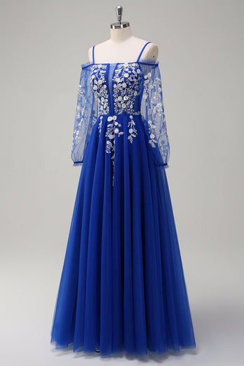 Royal Blue A-Line Cold Shoulder Long Sleeves Long Prom Dress with Appliques