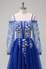 Load image into Gallery viewer, Royal Blue A-Line Cold Shoulder Long Sleeves Long Prom Dress with Appliques