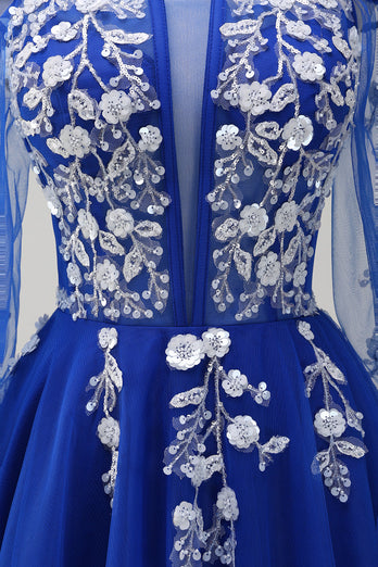 Royal Blue A-Line Cold Shoulder Long Sleeves Long Prom Dress with Appliques