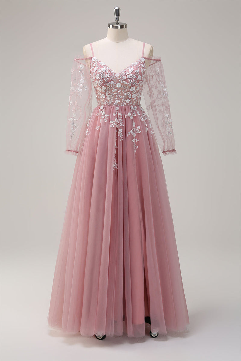 Load image into Gallery viewer, Blush A-Line Cold Shoulder Corset Appliqued Long Prom Dress with Slit