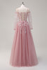 Load image into Gallery viewer, Blush Floral A Line Cold Shoulder Long Prom Dress with Long Sleeves