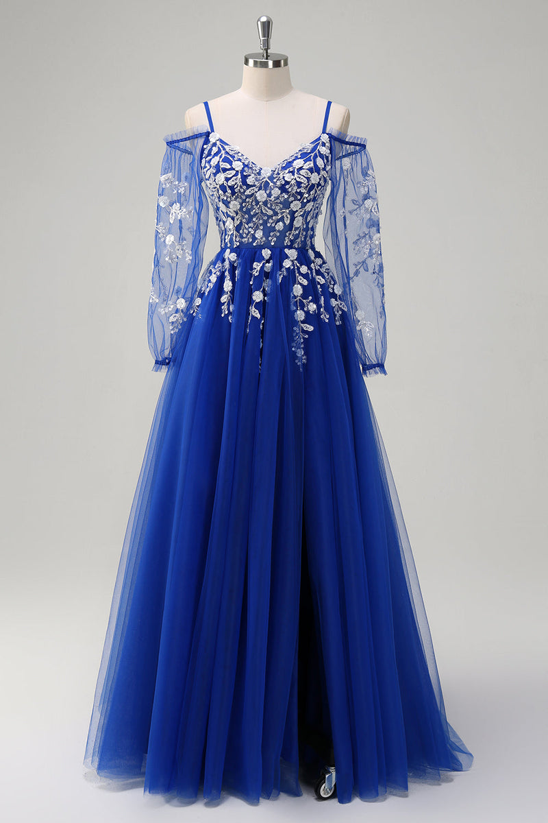 Load image into Gallery viewer, Royal Blue A-Line Cold Shoulder Sequin Applique Long Prom Dress with Tulle Slit