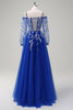 Load image into Gallery viewer, Royal Blue A-Line Cold Shoulder Sequin Applique Long Prom Dress with Tulle Slit