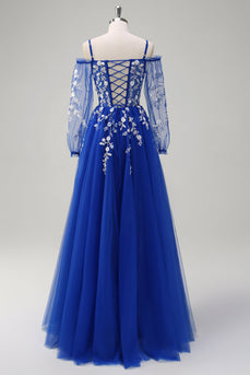 Royal Blue A-Line Cold Shoulder Sequin Applique Long Prom Dress with Tulle Slit