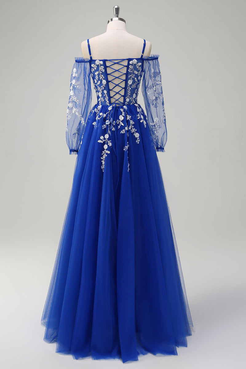 Load image into Gallery viewer, Royal Blue A-Line Cold Shoulder Sequin Applique Long Prom Dress with Tulle Slit