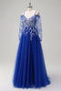 Load image into Gallery viewer, Royal Blue A-Line Cold Shoulder Sequin Applique Long Prom Dress with Tulle Slit