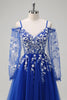 Load image into Gallery viewer, Royal Blue A-Line Cold Shoulder Sequin Applique Long Prom Dress with Tulle Slit