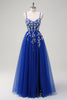 Load image into Gallery viewer, Royal Blue A-Line Spaghetti Straps Applique Sequined Prom Dress with Slit