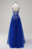 Load image into Gallery viewer, Royal Blue A-Line Spaghetti Straps Applique Sequined Prom Dress with Slit