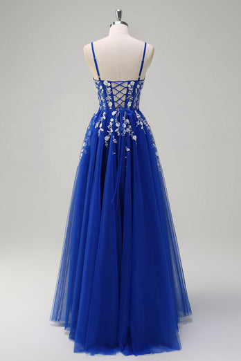 Royal Blue A-Line Spaghetti Straps Applique Sequined Prom Dress with Slit