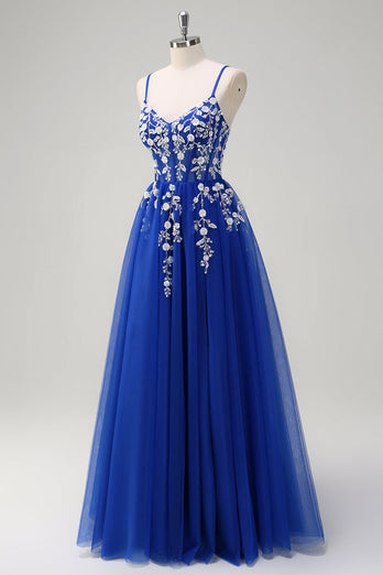 Royal Blue A-Line Spaghetti Straps Applique Sequined Prom Dress with Slit