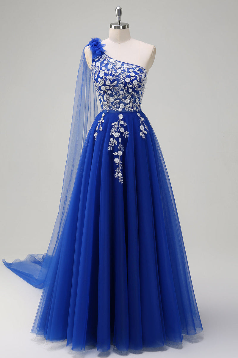 Load image into Gallery viewer, Royal Blue A-Line One Shoulder Watteau Train Appliqued Prom Dress with Lace Up Back