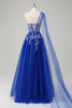 Load image into Gallery viewer, Royal Blue A-Line One Shoulder Watteau Train Appliqued Prom Dress with Lace Up Back