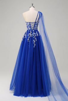 Royal Blue A-Line One Shoulder Watteau Train Appliqued Prom Dress with Lace Up Back