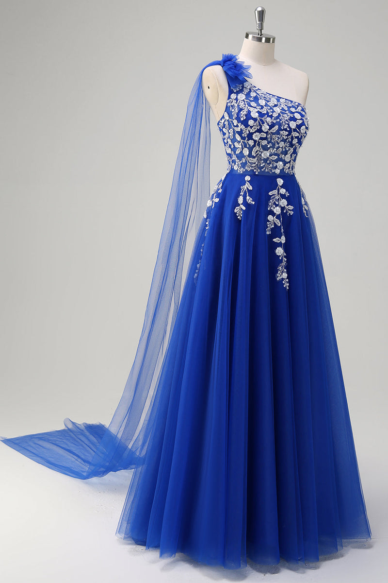 Load image into Gallery viewer, Royal Blue A-Line One Shoulder Watteau Train Appliqued Prom Dress with Lace Up Back