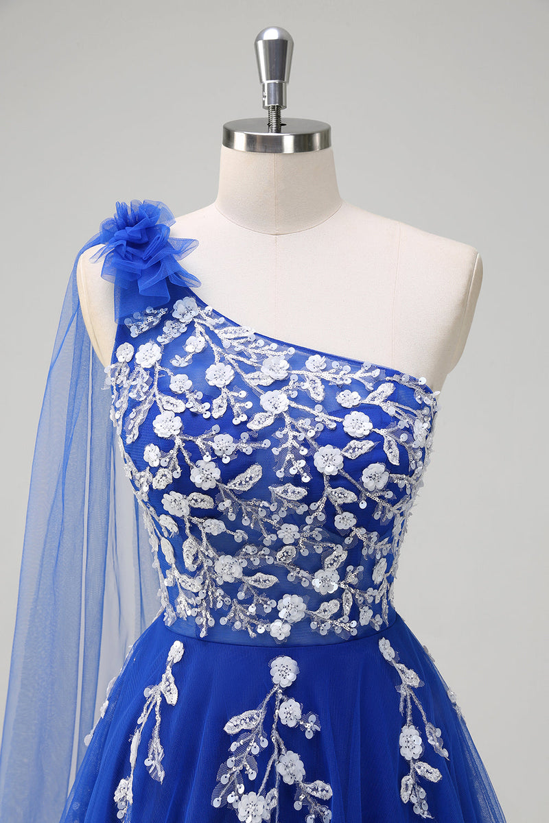 Load image into Gallery viewer, Royal Blue A-Line One Shoulder Watteau Train Appliqued Prom Dress with Lace Up Back