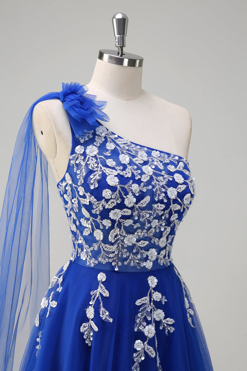 Load image into Gallery viewer, Royal Blue A-Line One Shoulder Watteau Train Appliqued Prom Dress with Lace Up Back