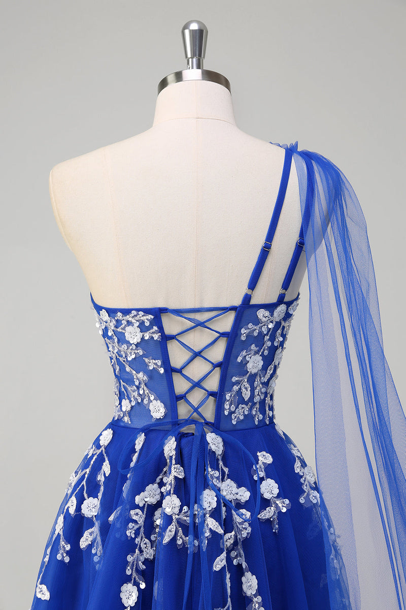 Load image into Gallery viewer, Royal Blue A-Line One Shoulder Watteau Train Appliqued Prom Dress with Lace Up Back