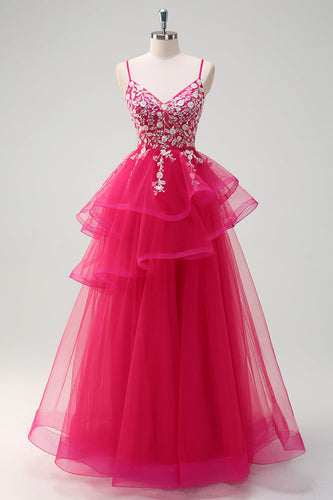 Sparkly Fuchsia A-Line Spaghetti Straps Ruffles Tulle Long Prom Dress with Appliques