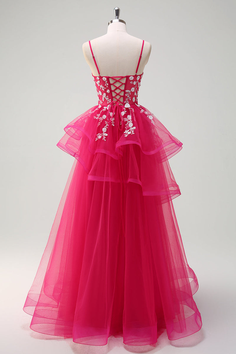 Load image into Gallery viewer, Sparkly Fuchsia A-Line Spaghetti Straps Ruffles Tulle Long Prom Dress with Appliques