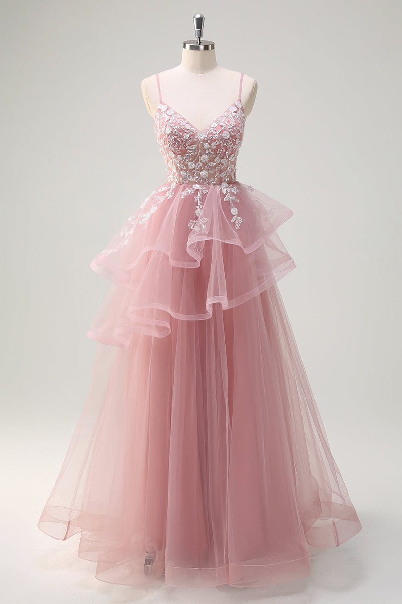 Load image into Gallery viewer, Sparkly Fuchsia A-Line Spaghetti Straps Ruffles Tulle Long Prom Dress with Appliques