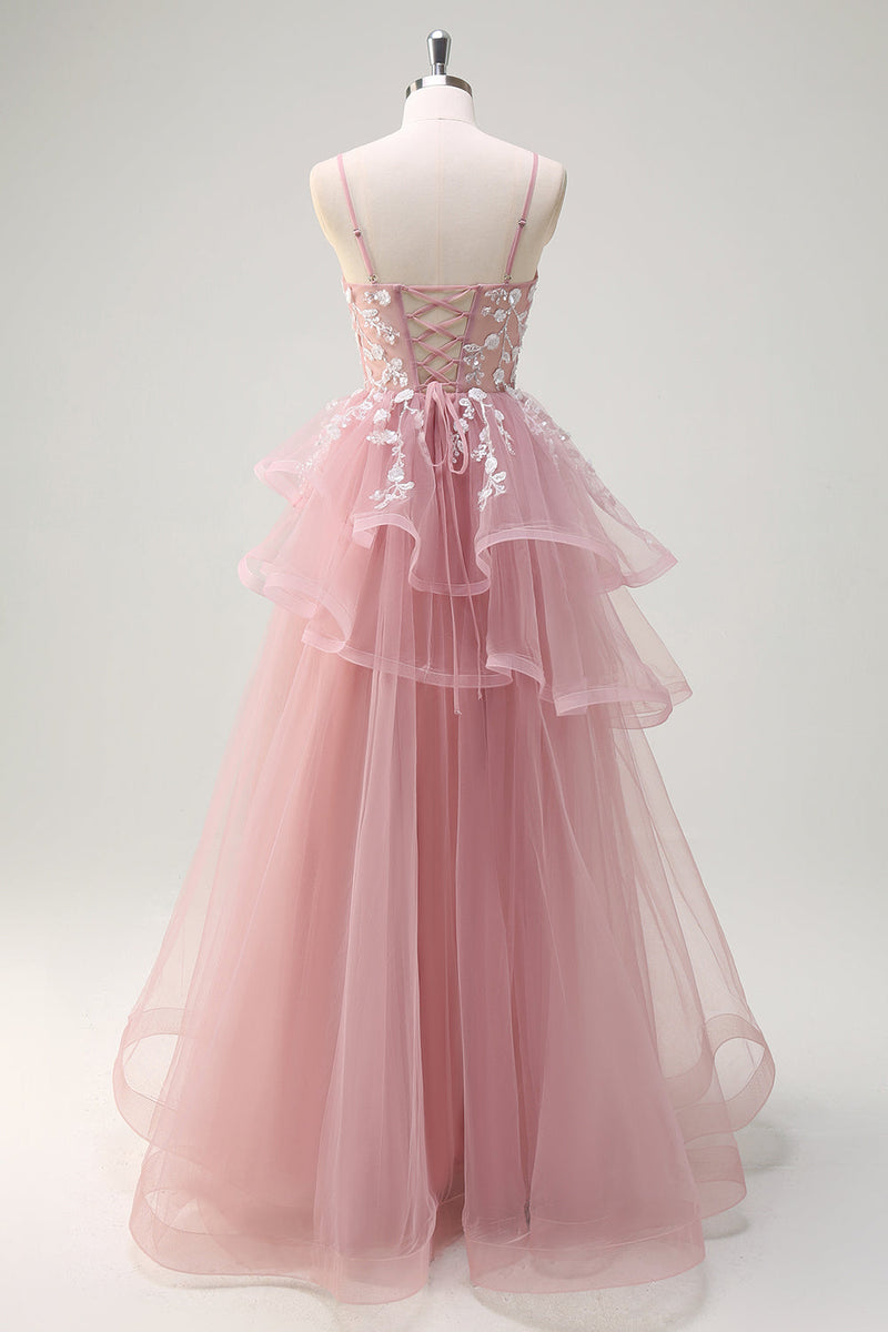 Load image into Gallery viewer, Sparkly Fuchsia A-Line Spaghetti Straps Ruffles Tulle Long Prom Dress with Appliques