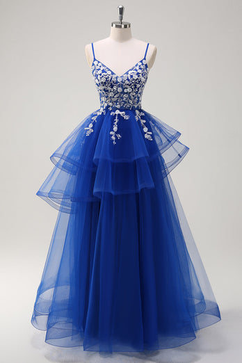 Royal Blue A-Line Tiered Long Appliqued Prom Dress with Sequins