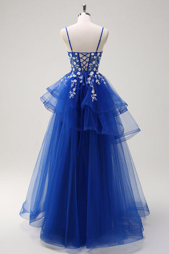 Royal Blue A-Line Tiered Long Appliqued Prom Dress with Sequins